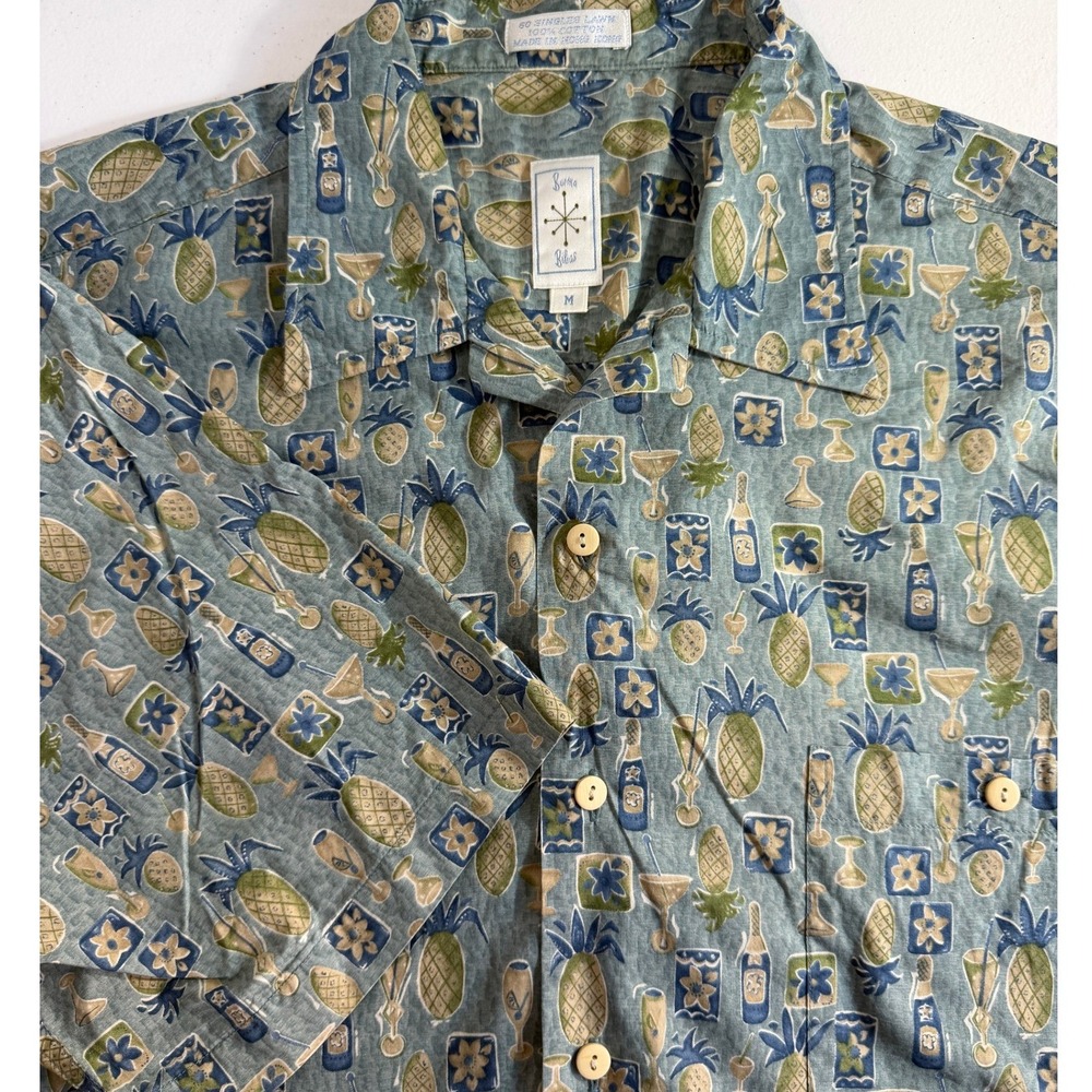 Burma Bibas Mens Blue Pineapple Cocktail Print Cotton Lawn Camp Shirt Size M